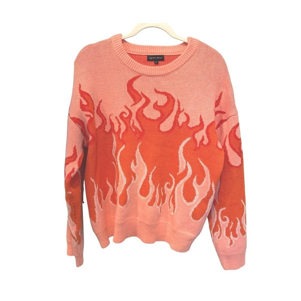 Aqua Blues Womens Y2K Flame Knit Sweater Medium Pink Orange Crew Neck Streetwear